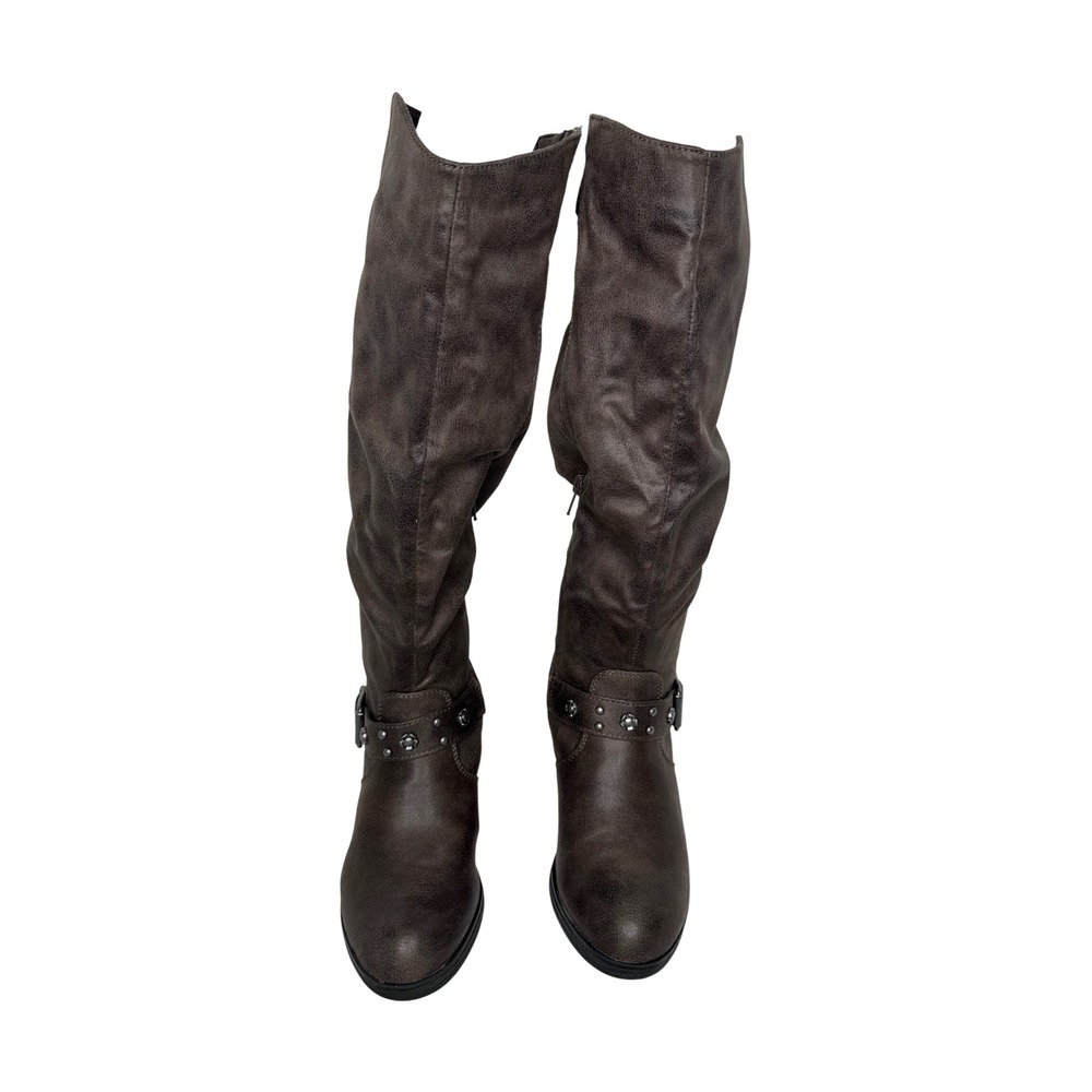 Carlos Santana Cara Knee High Boots Womens 6.5 Brown Fabric Buckle Stud Slouchy